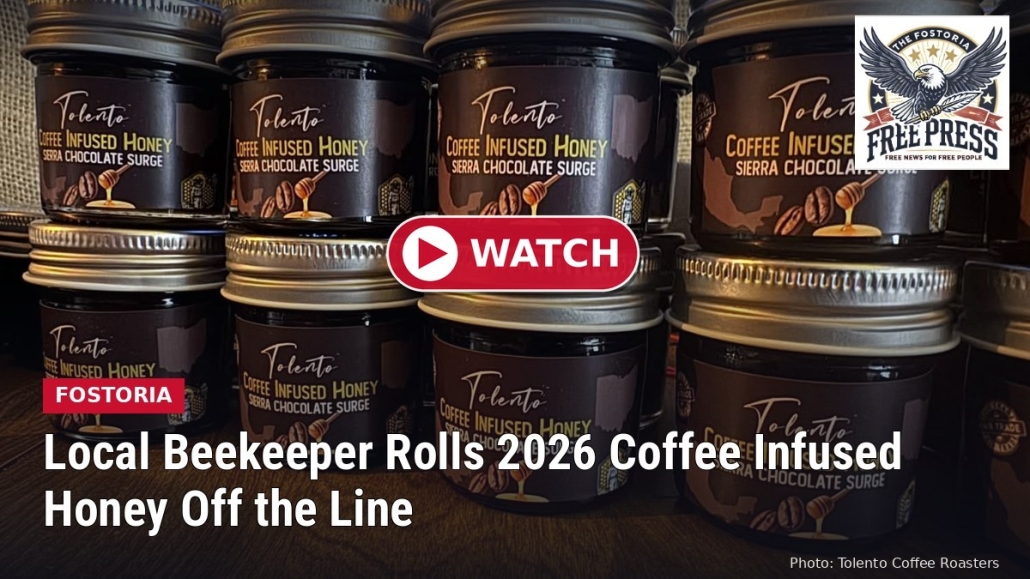 Fostoria News Local beekeeper's 2026 coffee-infused honey jars on display.